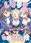  3girls :d absurdres anyoji_hime blue_background blue_eyes blue_jacket blue_skirt bow breasts brown_hair camisole closed_eyes commentary_request curtained_hair fang finger_bow fujishima_megumi full_body headphones headphones_around_neck highres jacket kanzaki_gou long_hair long_sleeves love_live! love_live!_hasu_no_sora_jogakuin_school_idol_club medium_breasts mira-cra_park! multiple_girls open_clothes open_jacket open_mouth osawa_rurino parted_bangs ponytail purple_eyes red_bow shirt single_bare_shoulder single_off_shoulder skin_fang skirt sleeveless sleeveless_shirt smile song_name string string_of_fate string_on_pinky tank_top tomodachi_ni_nareru_basho virtual_youtuber white_camisole white_shirt white_tank_top 