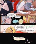  2girls bite_mark bite_mark_on_breast black_pantyhose black_skirt blonde_hair blue_eyes blush breasts chinese_text clothes_lift clothes_pull commentary_request dildo dogbrooo ear_blush grey_hair heart hickey highres hyakkaou_academy_school_uniform kakegurui large_breasts momobami_ririka multiple_girls nipples pantyhose pantyhose_pull parted_lips pussy_juice saotome_mary school_uniform sex sex_from_behind sex_toy skirt skirt_lift smile speech_bubble strap-on sweat translation_request yellow_eyes yuri 