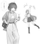  +++ 2girls adoptive_parent_and_adoptive_child aemeath_(wuthering_waves) alternate_costume arm_up bag boots breasts closed_eyes closed_mouth commentary_request crop_top cup cyberdark233 disposable_cup female_rover_(wuthering_waves) greyscale hand_in_pocket highres holding holding_cup jacket jewelry long_hair medium_breasts monochrome mother_and_child mother_and_daughter multiple_girls necklace open_mouth pants parent_and_child rover_(wuthering_waves) shirt shopping_bag skirt smile waving wuthering_waves 