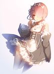  black_ribbon breasts clenched_hand detached_collar detached_sleeves dress hair_ornament hair_over_one_eye maid maid_headdress neck_ribbon nomi_(15175687) parted_lips pink_eyes pink_hair ram_(re:zero) re:zero_kara_hajimeru_isekai_seikatsu ribbon simple_background sleeves_past_wrists small_breasts solo thighhighs white_background white_legwear x_hair_ornament 