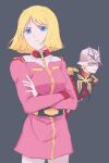  1boy 1girl absurdres blonde_hair blue_eyes breasts brother_and_sister can't_be_this_cute char_aznable collared_jacket crossed_arms earth_federation epaulettes eye_mask frown gundam helmet highres jacket long_sleeves looking_at_viewer mask mecha_pilot_suit medium_breasts military military_uniform mobile_suit_gundam normal_suit_(gundam) pantyhose pink_jacket sayla_mass short_hair siblings simple_background small_breasts tira_zhang white_pantyhose zeon 