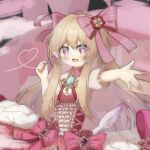  1girl blonde_hair chaos_marie_(grimms_notes) cleavage_cutout close-up clothing_cutout commentary_request corset elega_(elega_sophi) fork grimms_notes hair_ribbon heart heart-shaped_pupils highres holding holding_fork long_hair pink_eyes pink_ribbon puffy_short_sleeves puffy_sleeves red_corset ribbon shirt short_sleeves smile solo symbol-shaped_pupils very_long_hair 