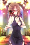  1girl black_choker black_dress black_nails black_wrist_cuffs blue_eyes blush breasts brown_hair choker commentary_request dress eye_mask frilled_choker frilled_wrist_cuffs frills half_eye_mask hibiki_mio higurashi_no_naku_koro_ni jewelry mask medium_hair necklace ryuuguu_rena sleeveless sleeveless_dress smile solo wrist_cuffs 
