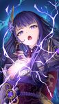  1girl absurdres agenoumi blunt_bangs breasts bridal_gauntlets commentary_request genshin_impact gloves highres human_scabbard japanese_clothes kimono long_hair looking_at_viewer mole mole_under_eye musou_isshin_(genshin_impact) obiage obijime open_mouth purple_eyes purple_gloves purple_hair purple_kimono purple_nails raiden_shogun solo sword upper_body weapon 