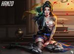  arm_tattoo armor armored_boots arrow asymmetrical_clothes black_hair black_legwear black_panties blood boots brown_eyes character_name genderswap genderswap_(mtf) gloves hadanugi_dousa hanzo_(overwatch) highres liang_xing lips long_hair looking_at_viewer one_breast_out overwatch panties partly_fingerless_gloves petals ponytail pot quiver sarashi sitting solo tattoo thighhighs torn_clothes torn_legwear underwear yokozuwari 