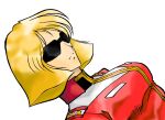  1girl blonde_hair breasts char_aznable char_aznable_(cosplay) collared_jacket commentary_request cosplay dutch_angle eye_mask gundam jacket mask military_uniform mobile_suit_gundam sayla_mass shisei-nakashima simple_background small_breasts solo sunglasses upper_body white_background 