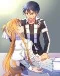  1boy 1girl artist_name asuna_(sao) asuna_(stacia)_(sao) black_hair black_jacket black_pants black_shirt braid breasts brown_eyes brown_hair capelet collarbone collared_capelet collared_jacket commentary_request cowboy_shot double-parted_bangs grey_background grey_eyes grey_jacket grey_skirt hair_between_eyes hair_ribbon half_up_half_down_braid hand_grab hand_on_another's_head high_collar highres jacket kirito kneeling long_hair long_sidelocks long_sleeves looking_at_another lying medium_breasts messy_hair miniskirt multicolored_jacket open_clothes open_jacket open_mouth pants pantyhose parted_lips pleated_skirt ribbon shirt short_hair sidelocks skirt straight_hair sweatdrop sword_art_online sword_art_online:_alicization sword_art_online:_moon_cradle tu_tora2 twitter_username two-tone_jacket v-shaped_eyebrows watermark white_capelet white_jacket white_pantyhose white_ribbon 