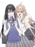  2girls absurdres akatsuki_mikoto aoi_rei bag bag_charm black_hair blonde_hair blue_eyes blue_sweater_vest blush charm_(object) chibi closed_mouth commentary_request earrings grey_bag grey_skirt gyaru_v hair_between_eyes highres jewelry jovei long_hair looking_at_viewer mikoto_to_rei multiple_girls plaid_clothes plaid_skirt pleated_skirt red_eyes school_bag school_uniform shoulder_bag simple_background skirt sweater_vest v white_background yuri_(object) 