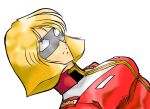  1girl blonde_hair breasts char_aznable char_aznable_(cosplay) collared_jacket commentary_request cosplay dutch_angle eye_mask gundam jacket mask military_uniform mobile_suit_gundam sayla_mass shisei-nakashima simple_background small_breasts solo upper_body white_background 