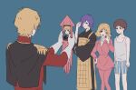  1girl 3boys amuro_ray apron black_apron black_cape blonde_hair blue_eyes boxers cape casual char_aznable coat epaulettes garma_zabi gundam hand_on_own_hip highres holding holding_phone jacket japanese_clothes long_sleeves male_underwear medium_hair mobile_suit_gundam multiple_boys one_eye_closed open_mouth phone pink_coat purple_hair red_jacket sayla_mass selfie short_hair smile squid_phone_cover striped_male_underwear sweater tank_top tira_zhang underwear w white_sweater white_tank_top zeon 