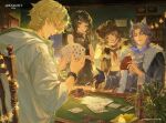  2boys 2girls adoptive_siblings animal_ear_fluff animal_ears arknights ascot bare_shoulders bear_ears bear_girl black_eyes black_gloves black_shirt black_shorts black_skirt blonde_hair blue_eyes blue_hair breasts brown_hair card cat_boy chinese_commentary commentary_request copyright_logo copyright_notice cropped_shirt curtained_hair dog_boy dog_ears ergouzi_echo eyewear_on_head facial_hair feather_hair finger_to_own_chin fingerless_gloves fur_scarf gloves hair_intakes hair_ornament hairclip harold_(arknights) highres holding holding_card hood hood_down hooded_jacket indoors infection_monitor_(arknights) jacket la_pluma_(arknights) leto_(arknights) logo medium_breasts midriff miniskirt multicolored_hair multiple_boys multiple_girls mustache navel neckerchief official_art old old_man playing_card pleated_skirt poker_chip poker_table red_eyes red_neckerchief shirt short_hair short_shorts shorts siblings single_glove skirt sleeveless sleeveless_shirt streaked_hair sunglasses table tequila_(arknights) white_ascot white_jacket wrinkled_skin 
