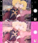  1boy 1girl arm_hug belt blonde_hair blue_eyes brother_and_sister casual char_aznable cheek-to-cheek coat collared_jacket commentary english_commentary epaulettes face_filter forced_smile gloves gundam heads_together jacket long_sleeves looking_at_viewer medium_hair military military_jacket military_uniform missing_headwear mobile_suit_gundam nervous_sweating no_mask pink_coat red_jacket sayla_mass selfie shirt short_hair siblings smile sweat tira_zhang upper_body white_belt white_gloves white_shirt zeon 