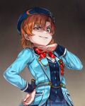  1girl absurdres ahoge beret blue_hat blue_jacket blue_vest bow bowtie evil_grin evil_smile grin hand_on_own_hip hat highres hold111 idolmaster idolmaster_million_live! idolmaster_million_live!_theater_days jacket long_sleeves looking_at_viewer official_alternate_costume orange_hair pretty_blue_pride_(idolmaster) red_bow red_bowtie short_hair smile solo standing upper_body vest yabuki_kana yellow_eyes 