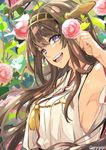  :d ahoge armpits breasts brown_hair flower gari_(apollonica) hair_flower hair_ornament hairband headgear kantai_collection kongou_(kantai_collection) long_hair looking_at_viewer nontraditional_miko open_mouth purple_eyes sideboob sketch smile solo twitter_username 