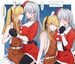  2girls animal_costume antlers black_mittens black_pantyhose black_ribbon blonde_hair blue_eyes blush christmas closed_mouth commentary_request dogbrooo dress flying_sweatdrops grey_hair hair_ribbon hat highres holding holding_hands holding_mask horns kakegurui long_hair mask mittens momobami_ririka multiple_girls pantyhose red_dress reindeer_antlers reindeer_costume ribbon santa_costume santa_dress santa_hat saotome_mary sitting sitting_on_lap sitting_on_person sweat twintails yellow_eyes yuri 