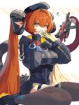  1girl 1other ammunition asymmetrical_gloves black_horns black_shoes breasts commentary_request dragon_girl dragon_horns dress fingerless_gloves gloves goat_horns gun hands_on_own_face hat highres horns looking_at_viewer magus_(zenless_zone_zero) mechanical_horns mechanical_tail mismatched_gloves orange_hair orange_pupils orphie_magnusson panties pointy_ears shoes single_fingerless_glove sitting sweatdrop tail thighhighs twintails uixy underwear weapon white_background yellow_gloves yellow_panties zenless_zone_zero zipper_dress zipping 
