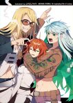  1boy 2girls ahoge anger_vein aqua_hair artist_name belt belt_buckle black_nails blonde_hair brown_belt brown_jacket buckle chromatic_aberration cigarette closed_eyes colored_inner_hair crystal_hair fate/grand_order fate_(series) fringe_trim fujimaru_ritsuka_(female) fujimaru_ritsuka_(female)_(decisive_battle_chaldea_uniform) green_eyes green_hair head_hug height_difference highres hug jacket jewelry kukulkan_(fate) kukulkan_(first_ascension)_(fate) long_hair long_sleeves looking_at_another meiji_ken midriff multicolored_hair multiple_girls nail_polish navel necklace open_mouth orange-tinted_eyewear orange_hair revision sandwiched sharp_teeth simple_background skull smoking sunglasses sweatdrop teeth tezcatlipoca_(fate) tezcatlipoca_(first_ascension)_(fate) tinted_eyewear toned tongue twitter_username white_background 