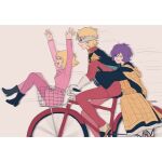  1boy 1girl 2boys apron arms_up bicycle black_robe blonde_hair blush boots brother_and_sister bycicle casual char_aznable closed_eyes coat epaulettes from_side garma_zabi gundam happy highres hug hug_from_behind jacket long_sleeves mobile_suit_gundam motion_lines multiple_boys on_bicycle open_mouth orange_apron pants pink_coat pink_pants purple_hair riding riding_bicycle robe sayla_mass short_hair siblings simple_background sitting smile tira_zhang wide_sleeves zeon 