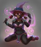  anthro bear breasts clothed clothing eyewear female glasses hat kaitycuddle kneeling magic magic_wand mammal navel open_mouth simple_background solo teeth tongue witch_hat 