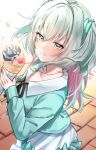  1girl absurdres aqua_eyes aqua_hair aqua_shirt blush brown_ribbon closed_mouth colored_inner_hair commentary_request crepe crysta_(duel_masters) duel_masters duel_masters_lost food from_above gem_hair_ornament highres holding holding_crepe holding_food jewelry light_smile long_hair multicolored_hair neck_ribbon necklace petals pink_hair pink_petals ribbon shirt skirt solo tile_floor tiles two_side_up white_skirt yozakurayuyu 