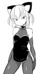  bare_shoulders dress elbow_gloves electro_alice gloves greyscale headgear ken_(koala) looking_at_viewer md5_mismatch microdress monochrome original pantyhose simple_background smile solo white_background 