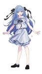  1girl bang_dream! bang_dream!_it's_mygo!!!!! belt black_ribbon black_shoes blue_belt blue_hair blush commentary dress full_body hair_ribbon highres long_hair open_mouth peke_(pekeiscat) ribbon school_uniform shoes sidelocks simple_background solo togawa_sakiko tsukinomori_school_uniform white_background white_dress yellow_eyes 