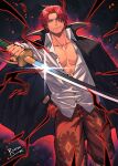  1boy abs beard black_cape cape closed_mouth collared_shirt commentary copyright_name english_commentary facial_hair fire floral_print flower glowing glowing_eye haki_(one_piece) highres holding holding_sword holding_weapon looking_at_viewer male_focus menacing one_piece pants red_hair red_pants rovrov shanks_(one_piece) shirt short_hair solo sword veins weapon white_shirt 