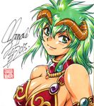  armlet armor artist_request bikini_armor breasts green_eyes green_hair horns kahm large_breasts lowres outlanders signature simple_background smile solo white_background 