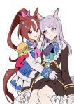  2girls absurdres animal_ears armor black_coat blue_eyes blue_jacket brown_hair coat commentary_request gloves habsida_(habsida_hpy) highres horse_ears horse_girl jacket korean_commentary mejiro_mcqueen_(umamusume) multiple_girls purple_eyes purple_hair shoulder_armor tokai_teio_(peak_joy)_(umamusume) tokai_teio_(umamusume) umamusume white_background white_gloves 