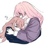  2girls bang_dream! bang_dream!_it's_mygo!!!!! blush brown_hair chihaya_anon closed_eyes commentary cropped_torso fang grey_eyes highres hug long_hair long_sleeves multiple_girls nagasaki_soyo open_mouth peke_(pekeiscat) pink_hair screentones shirt sidelocks simple_background skin_fang sleeping untranslatable_commentary upper_body white_background white_shirt yuri 
