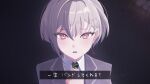  1girl bang_dream! bang_dream!_it's_mygo!!!!! brown_eyes collared_shirt commentary diagonal-striped_clothes diagonal-striped_necktie green_necktie grey_hair hair_between_eyes haneoka_school_uniform highres necktie open_mouth peke_(pekeiscat) school_uniform shirt short_hair solo striped_clothes striped_necktie takamatsu_tomori translation_request untranslatable_commentary 