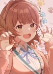  1girl aoiryo blue_ribbon blush brown_cardigan brown_hair cardigan claw_pose commentary_request dress_shirt fang fingernails gakuen_idolmaster hanami_ume hatsuboshi_gakuen_school_uniform highres idolmaster long_sleeves looking_ahead neck_ribbon paw_print ribbon school_uniform shirt signature smile solo upper_body white_shirt 