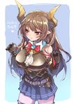  armor belt blush bow bowtie breastplate breasts broken_armor brown_eyes brown_hair closed_mouth draph elbow_gloves forte_(shingeki_no_bahamut) gloves granblue_fantasy highres horns large_breasts long_hair miniskirt ohland open_clothes open_shirt pleated_skirt pointy_ears shingeki_no_bahamut shirt skirt solo thighhighs zettai_ryouiki 