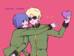  2boys blonde_hair blue_eyes brown_eyes bullying char_aznable collared_jacket commentary_request garma_zabi green_jacket gundam heart highres jacket long_sleeves male_focus military_uniform mobile_suit_gundam multiple_boys open_mouth reaching short_hair simple_background smug sunglasses teeth tira_zhang tongue upper_teeth_only zeon 
