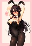  animal_ears armpits arms_up bare_shoulders black_hair black_legwear blush bow bowtie breasts bunny_ears bunny_girl bunny_tail bunnysuit cleavage detached_collar fake_animal_ears hair_ornament hairclip haruna_(kantai_collection) highres kantai_collection large_breasts leotard long_hair looking_at_viewer pantyhose red_eyes solo spoken_blush tail tsukui_kachou 