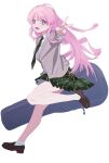  1girl absurdres bang_dream! bang_dream!_it's_mygo!!!!! blush breasts brown_shoes chihaya_anon collared_shirt commentary diagonal-striped_clothes diagonal-striped_necktie green_necktie green_skirt grey_eyes grey_jacket guitar_case highres holding_instrument_case instrument_case jacket loafers long_hair long_sleeves medium_breasts necktie open_mouth peke_(pekeiscat) pink_hair plaid_clothes plaid_skirt pleated_skirt shirt shoes skirt socks solo striped_clothes striped_necktie v white_shirt white_socks 