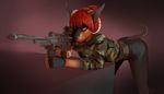  anthro bent_over canine clothed clothing doberman dog female fingerless_gloves gloves gun half-closed_eyes horn hybrid kaitycuddle mammal ranged_weapon rifle simple_background solo tongue tongue_out weapon 