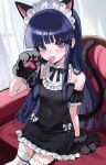  1girl animal_ears animal_hands bib black_bow black_bowtie black_dress black_tail blue_hair blush bow bowtie cat_ears cat_tail commentary detached_sleeves dress dress_bow fake_animal_ears fake_tail frilled_bib furude_rika gloves highres higurashi_no_naku_koro_ni long_hair looking_at_viewer maid_headdress ompf pacifier paw_gloves purple_eyes short_sleeves sitting solo tail thighhighs white_thighhighs 