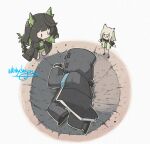  1other 2girls ambiguous_gender animal_ears arknights black_hair cat_ears cat_girl crater doctor_(arknights) green_eyes green_hair kal'tsit_(arknights) kal'tsit_(puppet)_(arknights) meme mon3tr_(arknights) multiple_girls whitydragon yamcha_pose_(meme) 
