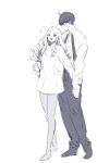  1boy 1girl absurdres blush commentary_request dress_shirt full_body gakuen_idolmaster glasses greyscale hetero highres idolmaster juo_sena kasasagi_(futagodori888) monochrome multicolored_hair necktie partial_commentary producer_(idolmaster) shirt simple_background sketch smile sparkle streaked_hair sweatdrop undone_necktie white_background 