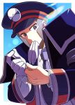  1boy black_coat black_hat black_necktie coat commentary_request glove_in_mouth gloves green_eyes grey_hair hat highres ingo_(pokemon) long_sleeves looking_at_viewer male_focus mouth_hold necktie pokemon pokemon_black_and_white short_hair solo tatamuke upper_body white_gloves 