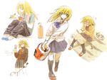  badminton_racket blonde_hair bottle cardigan dark_magician_girl dress_shirt duel_monster gagaga_girl green_eyes jacket kneehighs multiple_girls multiple_views pants pleated_skirt racket red_eyes school_uniform shirt shoes skirt track_jacket track_pants uwabaki water_bottle yuu-gi-ou yuza 