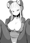  bodysuit breasts cleavage electro_emilia greyscale headgear ken_(koala) large_breasts long_hair looking_at_viewer md5_mismatch monochrome original panties simple_background skin_tight smile solo underwear white_background 
