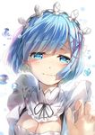  blue_eyes blue_hair breasts cleavage close-up crying crying_with_eyes_open hair_ornament half-closed_eyes looking_at_viewer maid maid_headdress medium_breasts re:zero_kara_hajimeru_isekai_seikatsu rem_(re:zero) short_hair solo tears upper_body water_drop wingheart x_hair_ornament 