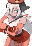  1girl belt breasts choker cleavage commentary_request elbow_gloves fingerless_gloves giroro_(kemono_friends) gloves grey_eyes grey_hair hat highres john_(a2556349) kemono_friends kemono_friends_3 keroro_gunsou large_breasts long_hair looking_at_viewer one_eye_closed pantyhose ribbon scar scar_on_face shorts simple_background skull solo tank_top 