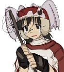  1girl alien alien_nine black_gloves blood blood_splatter borg_(alien_nine) butterfly_net clutching_clothes clutching_head crying crying_with_eyes_open frog_hat gloves green_blood gym_shirt hand_net helmet highres holding holding_butterfly_net ootani_yuri open_mouth scared shirt simple_background tears white_background winged_helmet 