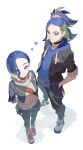  1boy 1girl adaman_(pokemon) adaman_(special_costume)_(pokemon) ancestor_and_descendant arms_behind_back blue_hair blue_hoodie brown_eyes commentary_request eyebrow_cut hands_in_pockets highres hood hoodie karakishi_it looking_at_viewer multicolored_hair official_alternate_costume perrin_(academy)_(pokemon) perrin_(pokemon) pokemon pokemon_masters_ex short_hair standing star_(symbol) two-tone_hair 