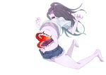  bad_id bad_pixiv_id black_hair breasts chest_mouth cutoffs denim denim_shorts highres long_hair monster_girl mouth no_bra nukomasu original purple_skin shorts small_breasts solo teeth tongue underboob 