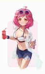  1girl absurdres ahoge animal_ears arknights bikini blush border breasts chinese_commentary chromatic_aberration cleavage collarbone commentary_request cropped_legs drink drinking_straw goldenglow_(arknights) goldenglow_(summer_flowers)_(arknights) hair_ornament hairclip highres holding holding_drink holding_spoon kknico medium_breasts official_alternate_costume outside_border partial_commentary pink_hair purple_shorts short_hair short_shorts shorts solo split_mouth spoon standing swimsuit white_bikini white_border yellow_eyes 