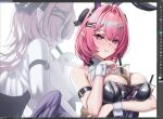  1girl :t animal_ears arm_under_breasts art_program_in_frame black_bow black_wings bow breasts bubble_tea bubble_tea_challenge cruzvu cup disposable_cup drinking drinking_straw fake_animal_ears hair_bow hair_ornament highres large_breasts leotard looking_at_viewer medium_hair pink_eyes pink_hair playboy_bunny pointy_ears pout rabbit_ears remielle_dan simple_background solo strapless strapless_leotard unfinished upper_body white_background wings zenless_zone_zero 